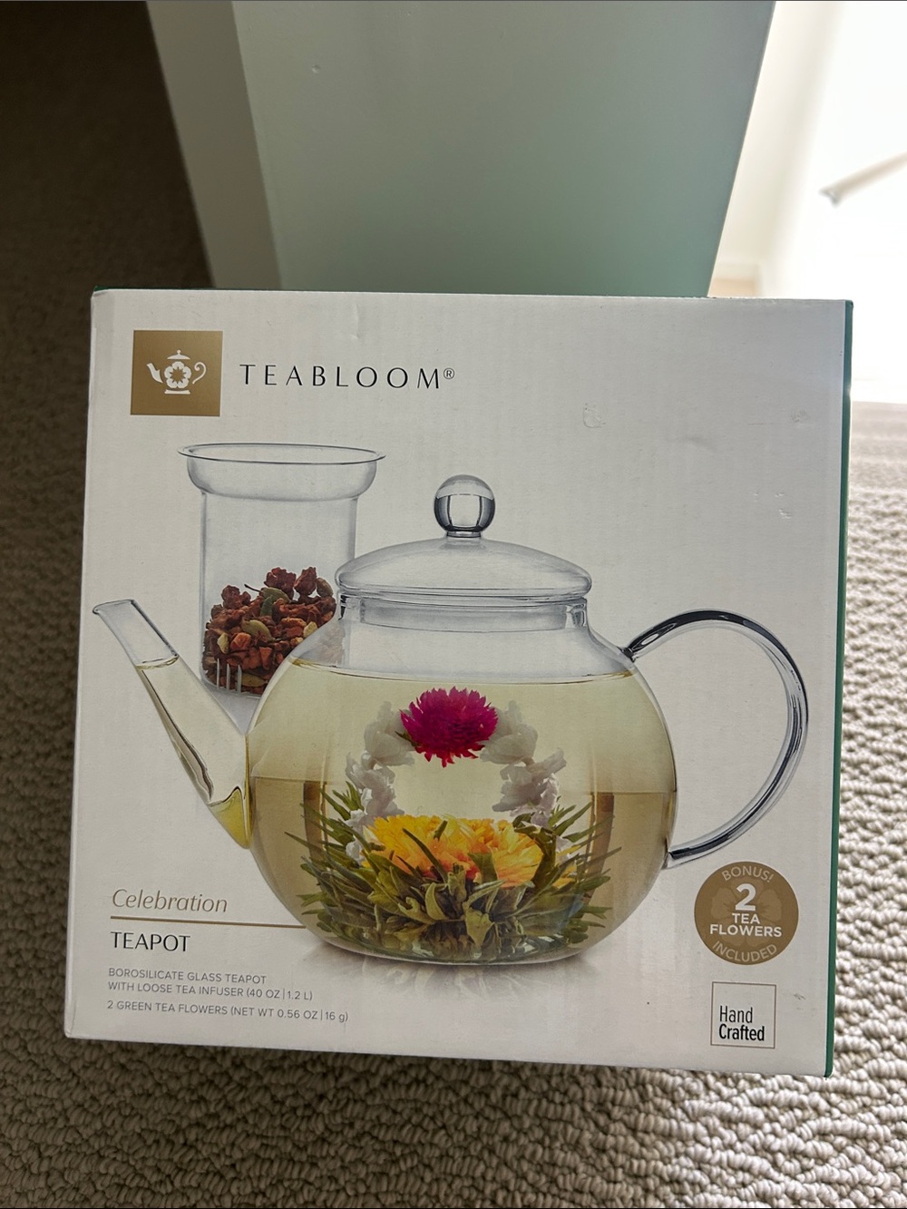 Teabloom Celebration Glass Teapot 40 oz w/ Infuser & Blooming Tea Flowers NIB
